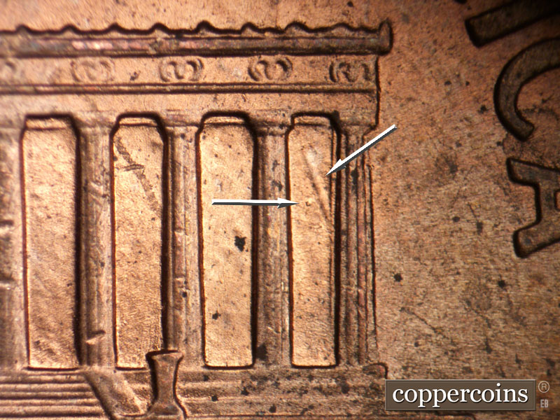 Die-stage B marker on 1998D•1DR•006 (1998 Doubled Die Reverse).