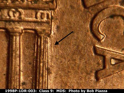 Die-stage B marker on 1998P•1DR•003 (1998 Doubled Die Reverse).