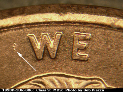 Die-stage B marker on 1998P•1DR•006 (1998 Doubled Die Reverse).