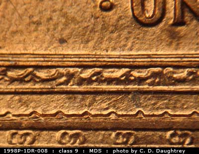 Die-stage B marker on 1998P•1DR•008 (1998 Doubled Die Reverse).