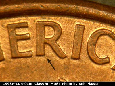 Die-stage B marker on 1998P•1DR•010 (1998 Doubled Die Reverse).