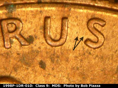 Die-stage B marker on 1998P•1DR•010 (1998 Doubled Die Reverse).
