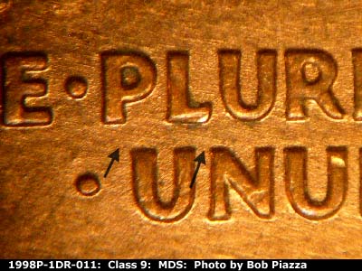 Die-stage B marker on 1998P•1DR•011 (1998 Doubled Die Reverse).