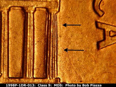 Die-stage B marker on 1998P•1DR•013 (1998 Doubled Die Reverse).