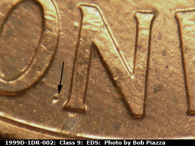 Die-stage A marker on 1999D•1DR•002 (1999 Doubled Die Reverse).