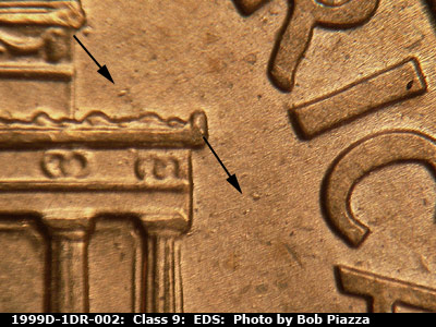 Die-stage A marker on 1999D•1DR•002 (1999 Doubled Die Reverse).