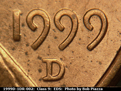 Die-stage A marker on 1999D•1DR•002 (1999 Doubled Die Reverse).