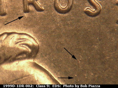 Die-stage A marker on 1999D•1DR•002 (1999 Doubled Die Reverse).