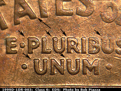 Die-stage A marker on 1999D•1DR•003 (1999 Doubled Die Reverse).