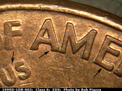 Die-stage A marker on 1999D•1DR•003 (1999 Doubled Die Reverse).