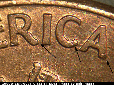 Die-stage A marker on 1999D•1DR•003 (1999 Doubled Die Reverse).
