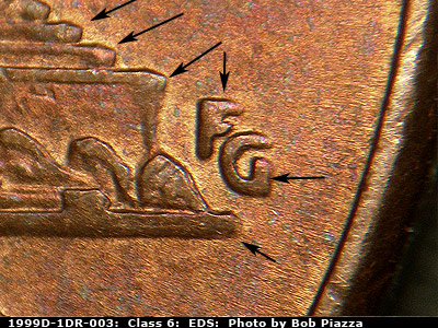 Die-stage A marker on 1999D•1DR•003 (1999 Doubled Die Reverse).