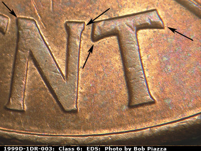 Die-stage A marker on 1999D•1DR•003 (1999 Doubled Die Reverse).