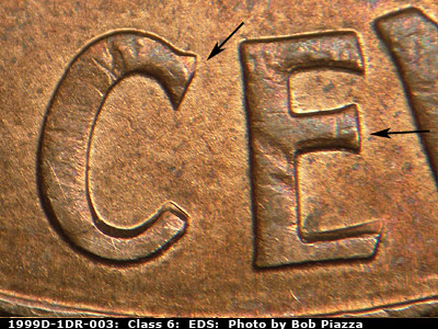 Die-stage A marker on 1999D•1DR•003 (1999 Doubled Die Reverse).