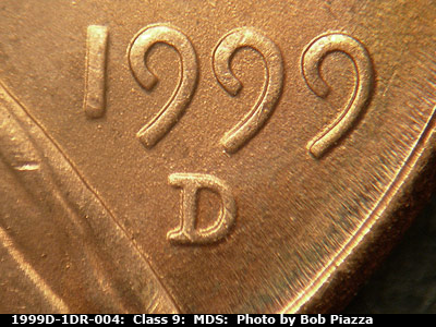 1999 Lincoln cent obverse, CopperCoins die 1999D•1DR•004.