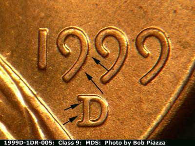 Die-stage B marker on 1999D•1DR•005 (1999 Doubled Die Reverse).