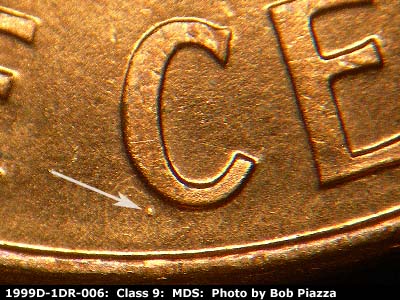 Die-stage B marker on 1999D•1DR•006 (1999 Doubled Die Reverse).