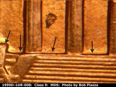 Die-stage B marker on 1999D•1DR•008 (1999 Doubled Die Reverse).
