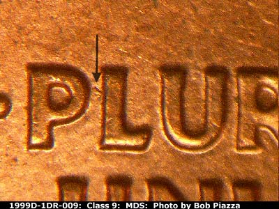 Die-stage B marker on 1999D•1DR•009 (1999 Doubled Die Reverse).