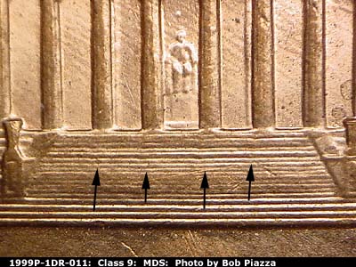 Die-stage B marker on 1999P•1DR•011 (1999 Doubled Die Reverse).