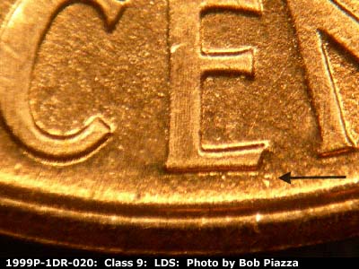 Die-stage C marker on 1999P•1DR•020 (1999 Doubled Die Reverse).