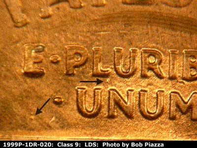 Die-stage C marker on 1999P•1DR•020 (1999 Doubled Die Reverse).