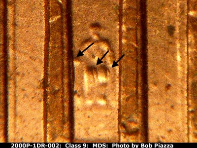 Die-stage B marker on 2000P•1DR•002 (2000 Doubled Die Reverse).