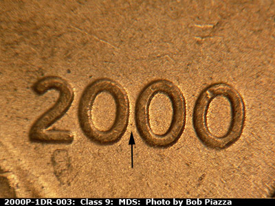 Die-stage B marker on 2000P•1DR•003 (2000 Doubled Die Reverse).