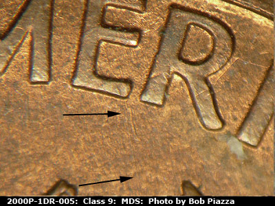 Die-stage B marker on 2000P•1DR•005 (2000 Doubled Die Reverse).
