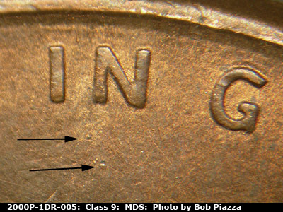 Die-stage B marker on 2000P•1DR•005 (2000 Doubled Die Reverse).