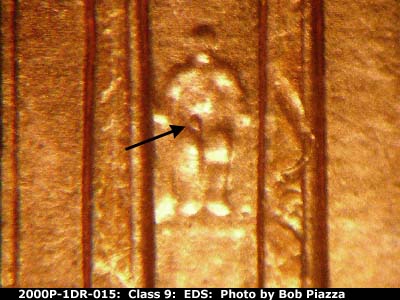 Die-stage A marker on 2000P•1DR•015 (2000 Doubled Die Reverse).