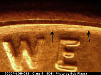 Die-stage A marker on 2000P•1DR•015 (2000 Doubled Die Reverse).