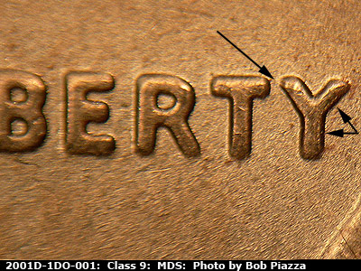 Die-stage B marker on 2001D•1DO•001 (2001 Doubled Die Obverse).