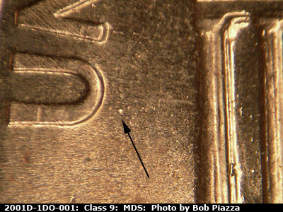 Die-stage B marker on 2001D•1DO•001 (2001 Doubled Die Obverse).
