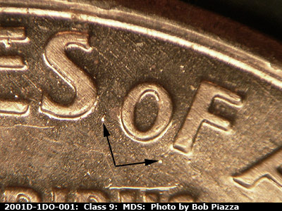 Die-stage B marker on 2001D•1DO•001 (2001 Doubled Die Obverse).