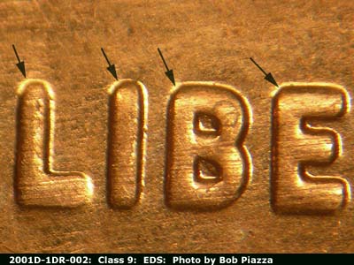 Die-stage A marker on 2001D•1DO•002 (2001 Doubled Die Obverse).
