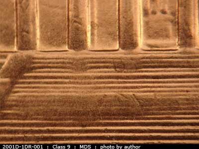 Die-stage B marker on 2001D•1DR•001 (2001 Doubled Die Reverse).