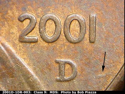 2001 Lincoln cent obverse, CopperCoins die 2001D•1DR•003.