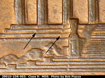 Die-stage B marker on 2001D•1DR•003 (2001 Doubled Die Reverse).