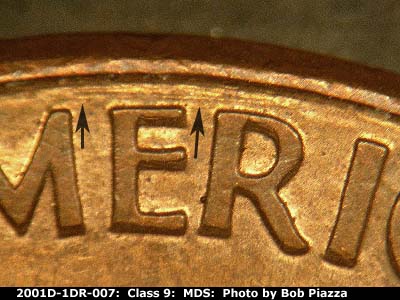 Die-stage B marker on 2001D•1DR•007 (2001 Doubled Die Reverse).