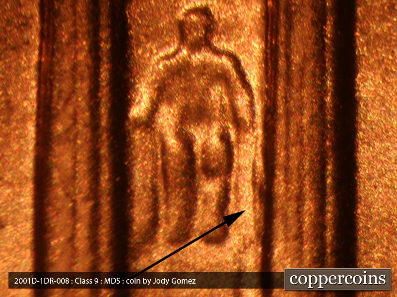 2001 Lincoln cent obverse, CopperCoins die 2001D•1DR•008.