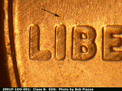Die-stage A marker on 2001P•1DO•001 (2001 Doubled Die Obverse).