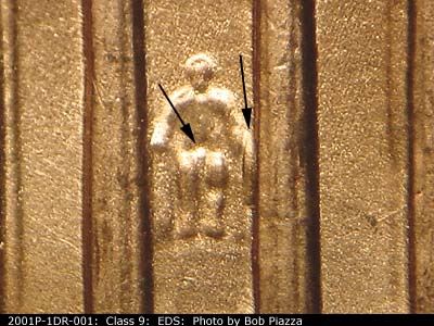 Die-stage A marker on 2001P•1DR•001 (2001 Doubled Die Reverse).