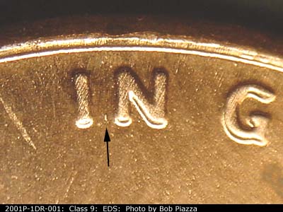Die-stage A marker on 2001P•1DR•001 (2001 Doubled Die Reverse).