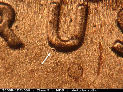 Die-stage B marker on 2001P•1DR•003 (2001 Doubled Die Reverse).