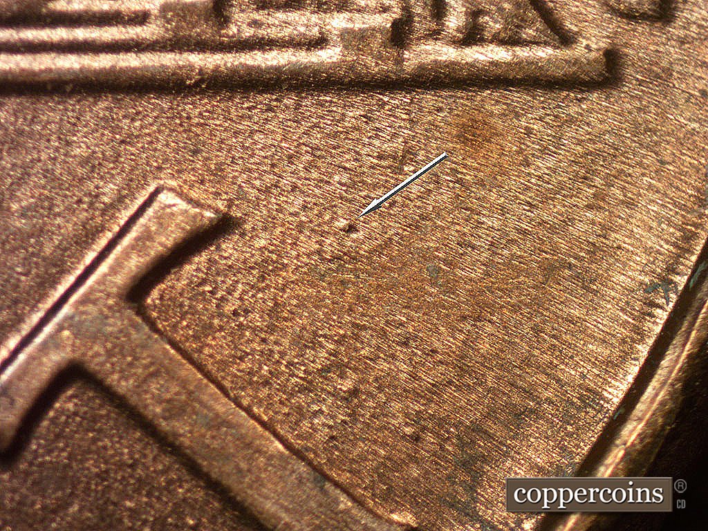 Die-stage B marker on 2001P•1DR•005 showing Die dot near T in CENT.