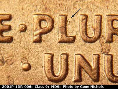 Die-stage B marker on 2001P•1DR•006 (2001 Doubled Die Reverse).