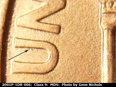 Die-stage B marker on 2001P•1DR•006 (2001 Doubled Die Reverse).