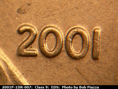 Die-stage A marker on 2001P•1DR•007 (2001 Doubled Die Reverse).