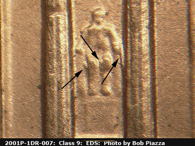 Die-stage A marker on 2001P•1DR•007 (2001 Doubled Die Reverse).